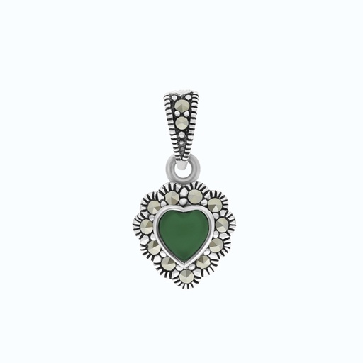 [PND04MAR00GAGA561] Sterling Silver 925 Pendant Embedded With Natural Green Agate And Marcasite Stones