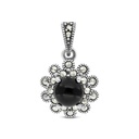 Sterling Silver 925 Pendant Embedded With Natural Black Agate And Marcasite Stones