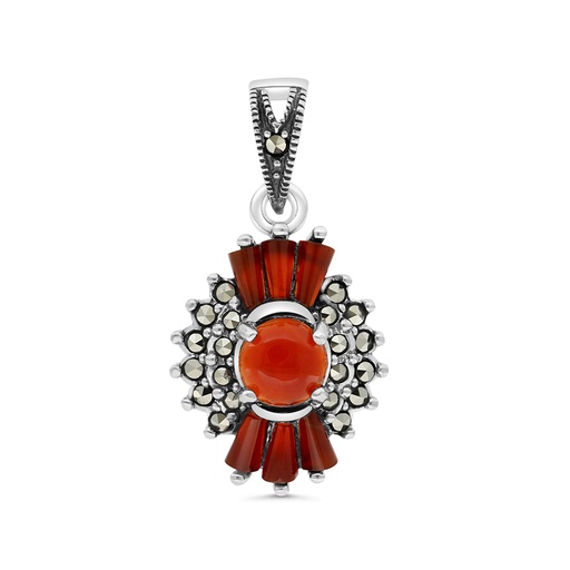 [PND04MAR00RAGA417] Sterling Silver 925 Pendant Embedded With Natural Aqiq And Marcasite Stones