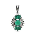 Sterling Silver 925 Pendant Embedded With Natural Green Agate And Marcasite Stones