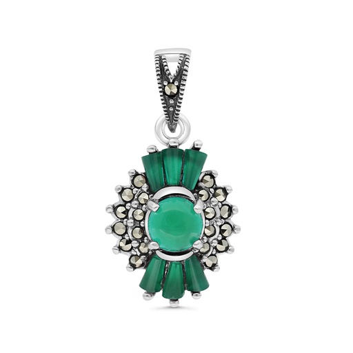 [PND04MAR00GAGA417] Sterling Silver 925 Pendant Embedded With Natural Green Agate And Marcasite Stones