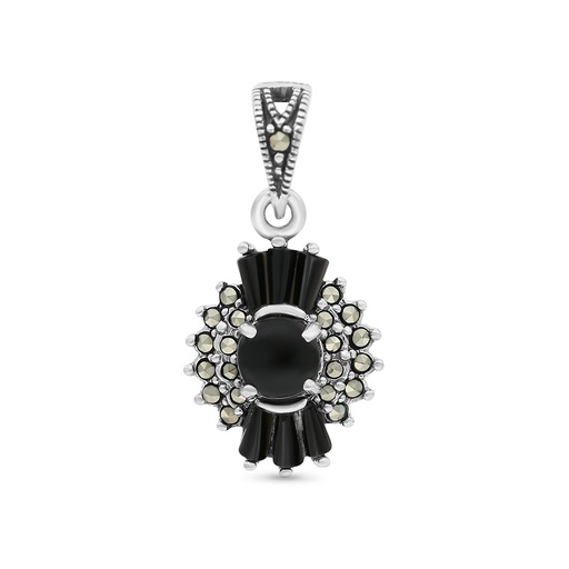 [PND04MAR00ONXA417] Sterling Silver 925 Pendant Embedded With Natural Black Agate And Marcasite Stones