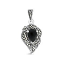 Sterling Silver 925 Pendant Embedded With Natural Black Agate And Marcasite Stones