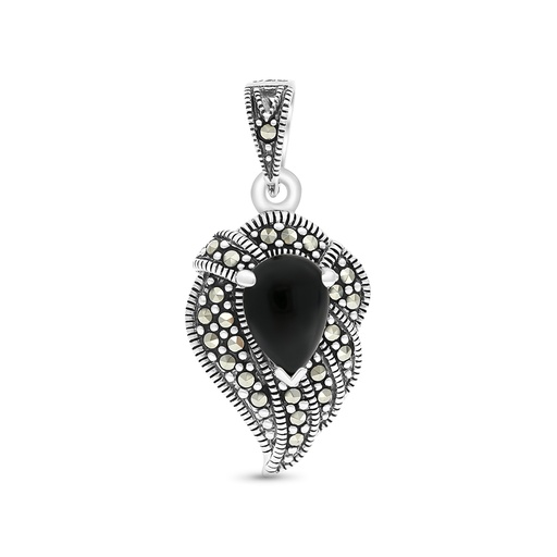 [PND04MAR00ONXA568] Sterling Silver 925 Pendant Embedded With Natural Black Agate And Marcasite Stones