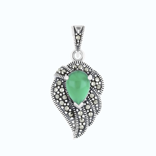 [PND04MAR00GAGA568] Sterling Silver 925 Pendant Embedded With Natural Green Agate And Marcasite Stones