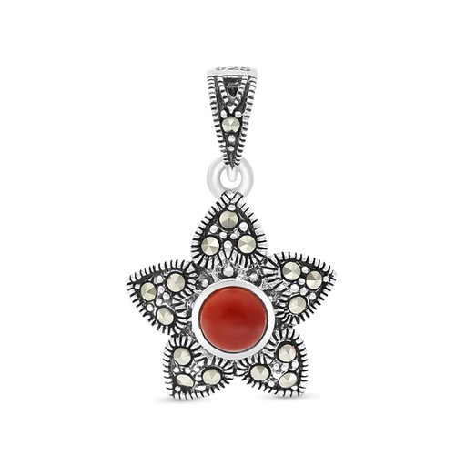 [PND04MAR00RAGA438] Sterling Silver 925 Pendant Embedded With Natural Aqiq And Marcasite Stones