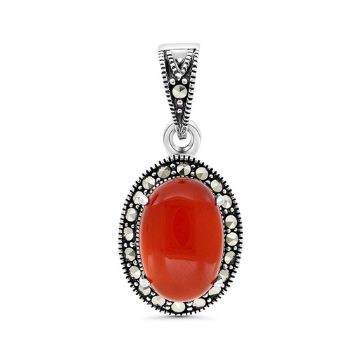 [PND04MAR00RAGA441] Sterling Silver 925 Pendant Embedded With Natural Aqiq And Marcasite Stones