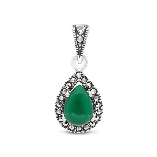 [PND04MAR00GAGA440] Sterling Silver 925 Pendant Embedded With Natural Green Agate And Marcasite Stones