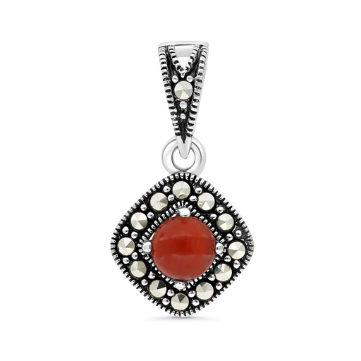 [PND04MAR00RAGA443] Sterling Silver 925 Pendant Embedded With Natural Aqiq And Marcasite Stones