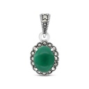 Sterling Silver 925 Pendant Embedded With Natural Green Agate And Marcasite Stones