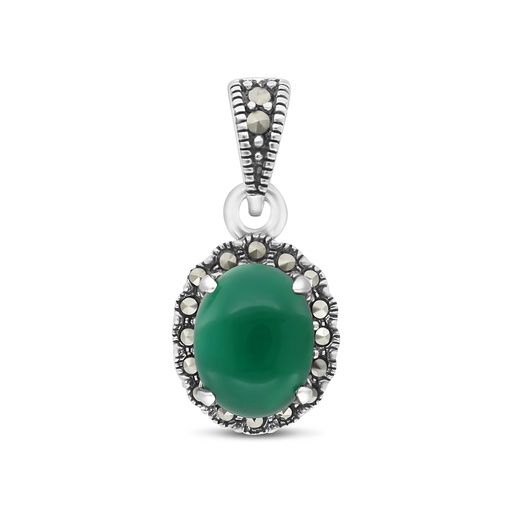 [PND04MAR00GAGA572] Sterling Silver 925 Pendant Embedded With Natural Green Agate And Marcasite Stones