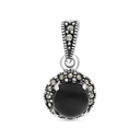 Sterling Silver 925 Pendant Embedded With Natural Black Agate And Marcasite Stones