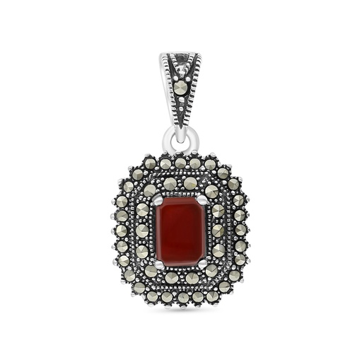 [PND04MAR00RAGA574] Sterling Silver 925 Pendant Embedded With Natural Aqiq And Marcasite Stones