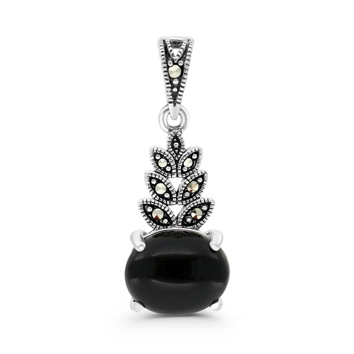 [PND04MAR00ONXA453] Sterling Silver 925 Pendant Embedded With Natural Black Agate And Marcasite Stones