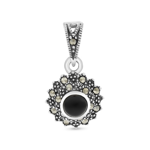 [PND04MAR00ONXA454] Sterling Silver 925 Pendant Embedded With Natural Black Agate And Marcasite Stones