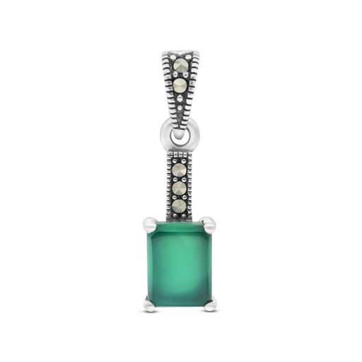 [PND04MAR00GAGA457] Sterling Silver 925 Pendant Embedded With Natural Green Agate And Marcasite Stones