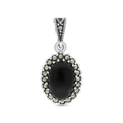 [PND04MAR00ONXA576] Sterling Silver 925 Pendant Embedded With Natural Black Agate And Marcasite Stones