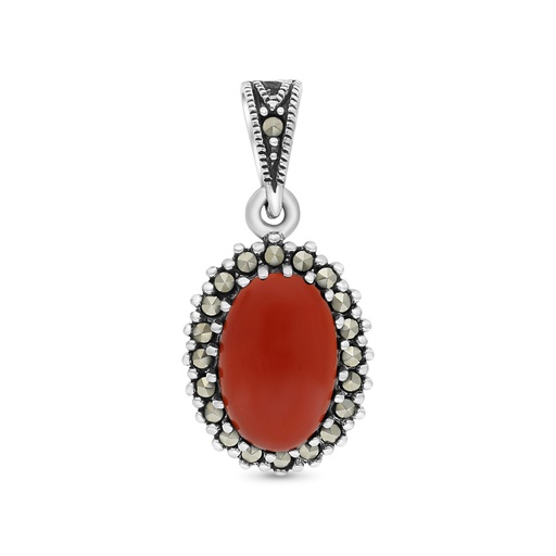 [PND04MAR00RAGA576] Sterling Silver 925 Pendant Embedded With Natural Aqiq And Marcasite Stones