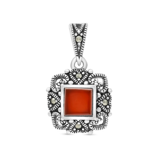 [PND04MAR00RAGA461] Sterling Silver 925 Pendant Embedded With Natural Aqiq And Marcasite Stones