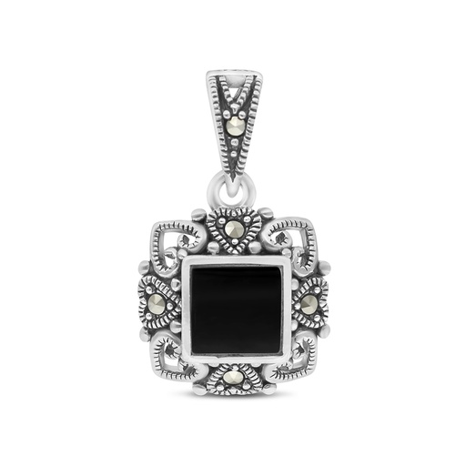 [PND04MAR00ONXA461] Sterling Silver 925 Pendant Embedded With Natural Black Agate And Marcasite Stones