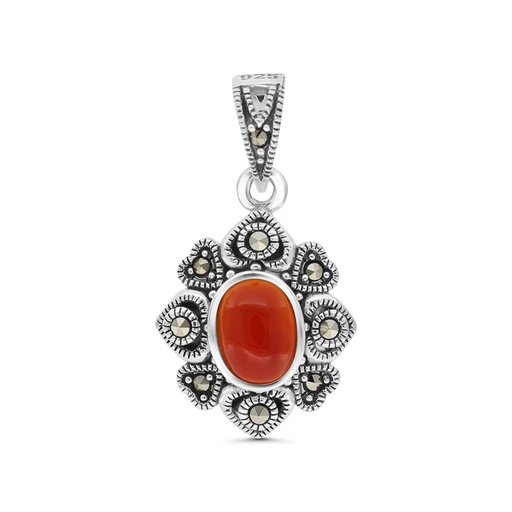 [PND04MAR00RAGA462] Sterling Silver 925 Pendant Embedded With Natural Aqiq And Marcasite Stones