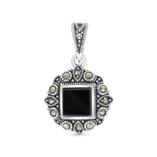 [PND04MAR00ONXA577] Sterling Silver 925 Pendant Embedded With Natural Black Agate And Marcasite Stones