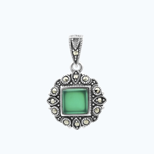 [PND04MAR00GAGA577] Sterling Silver 925 Pendant Embedded With Natural Green Agate And Marcasite Stones