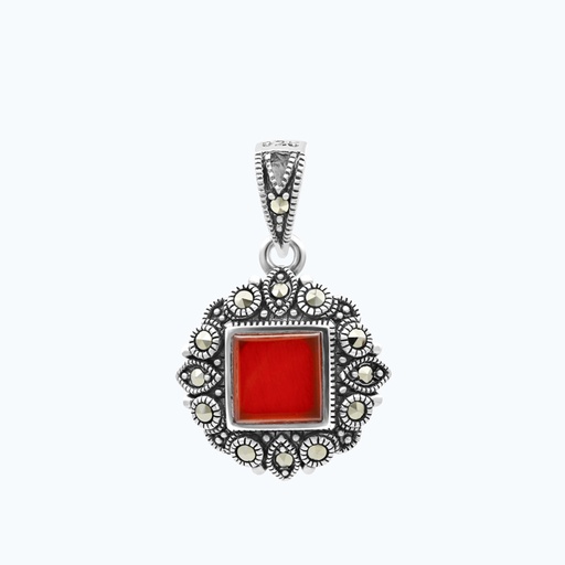 [PND04MAR00RAGA577] Sterling Silver 925 Pendant Embedded With Natural Aqiq And Marcasite Stones