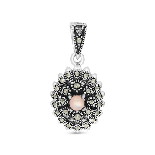 [PND04MAR00PNKA463] Sterling Silver 925 Pendant Embedded With Natural Pink Shell And Marcasite Stones