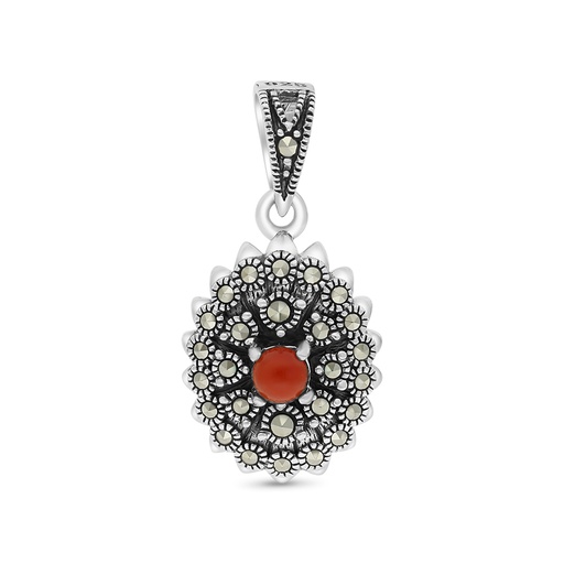 [PND04MAR00RAGA463] Sterling Silver 925 Pendant Embedded With Natural Aqiq And Marcasite Stones
