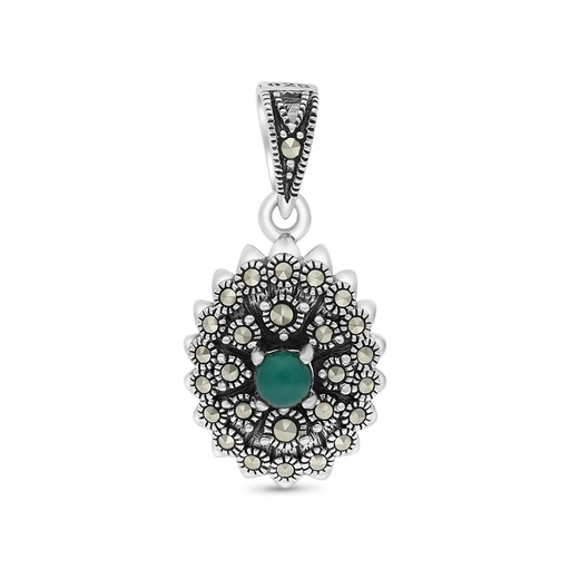 [PND04MAR00GAGA463] Sterling Silver 925 Pendant Embedded With Natural Green Agate And Marcasite Stones
