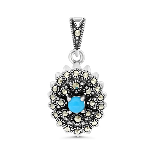 [PND04MAR00TRQA463] Sterling Silver 925 Pendant Embedded With Natural Processed Turquoise And Marcasite Stones