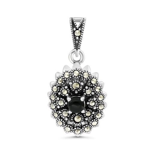 [PND04MAR00ONXA463] Sterling Silver 925 Pendant Embedded With Natural Black Agate And Marcasite Stones