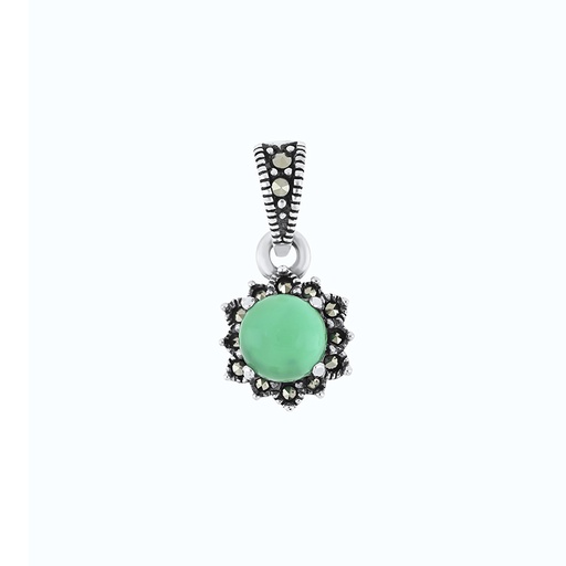 [PND04MAR00GAGA578] Sterling Silver 925 Pendant Embedded With Natural Green Agate And Marcasite Stones