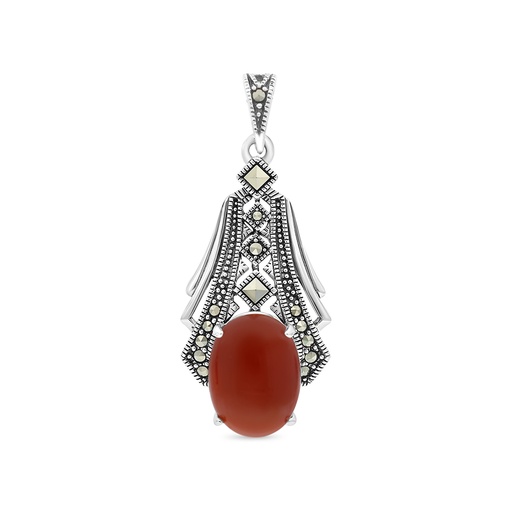 [PND04MAR00RAGA480] Sterling Silver 925 Pendant Embedded With Natural Aqiq And Marcasite Stones