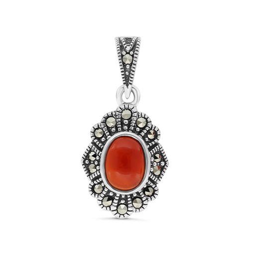[PND04MAR00RAGA479] Sterling Silver 925 Pendant Embedded With Natural Aqiq And Marcasite Stones