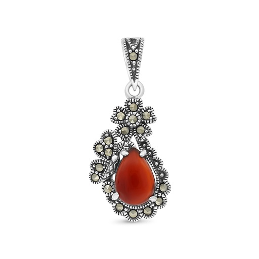 [PND04MAR00RAGA469] Sterling Silver 925 Pendant Embedded With Natural Aqiq And Marcasite Stones