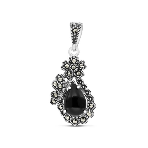 [PND04MAR00ONXA469] Sterling Silver 925 Pendant Embedded With Natural Black Agate And Marcasite Stones