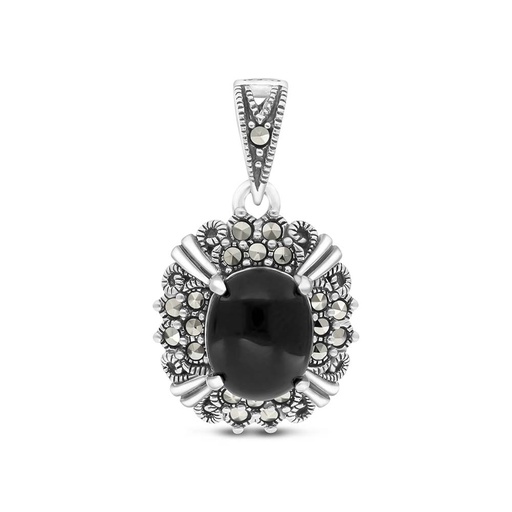 [PND04MAR00ONXA470] Sterling Silver 925 Pendant Embedded With Natural Black Agate And Marcasite Stones