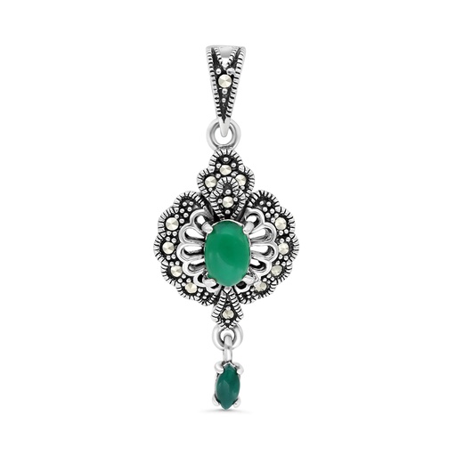 [PND04MAR00GAGA521] Sterling Silver 925 Pendant Embedded With Natural Green Agate And Marcasite Stones