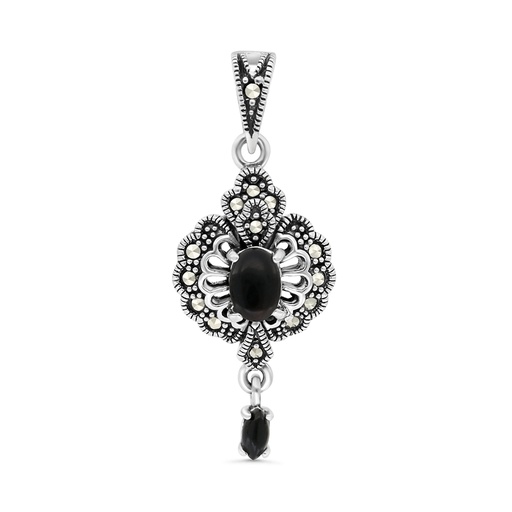 [PND04MAR00ONXA521] Sterling Silver 925 Pendant Embedded With Natural Black Agate And Marcasite Stones