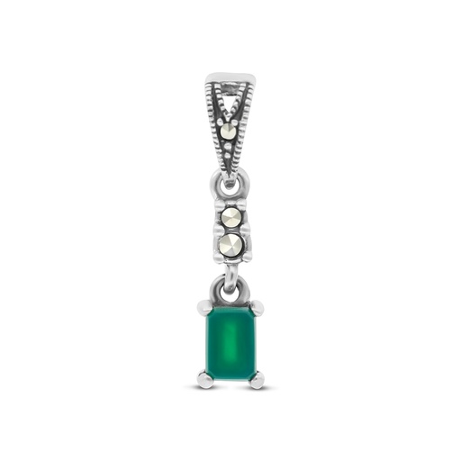 [PND04MAR00GAGA523] Sterling Silver 925 Pendant Embedded With Natural Green Agate And Marcasite Stones