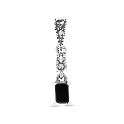 [PND04MAR00ONXA523] Sterling Silver 925 Pendant Embedded With Natural Black Agate And Marcasite Stones