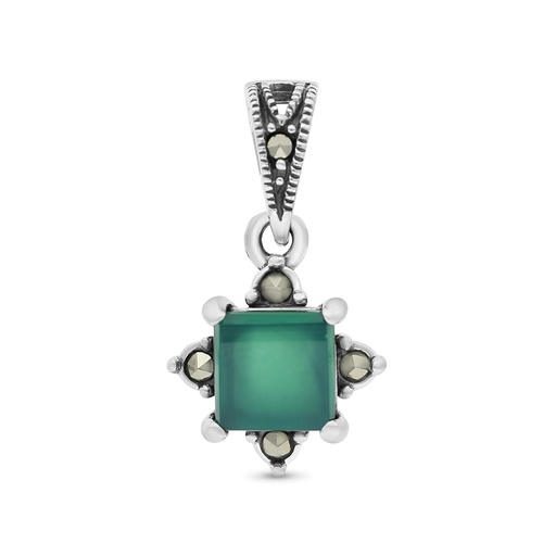 [PND04MAR00GAGA524] Sterling Silver 925 Pendant Embedded With Natural Green Agate And Marcasite Stones