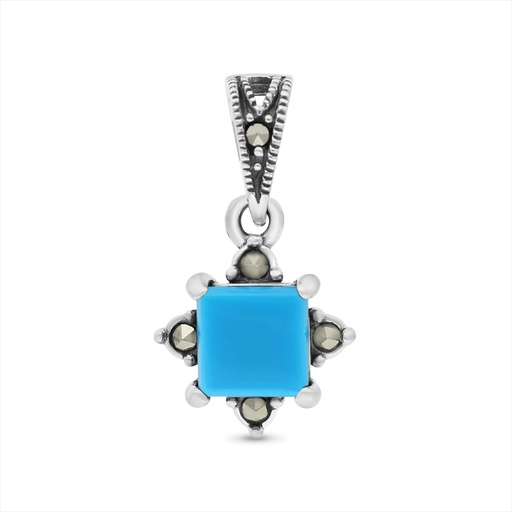 [PND04MAR00TRQA524] Sterling Silver 925 Pendant Embedded With Natural Processed Turquoise And Marcasite Stones