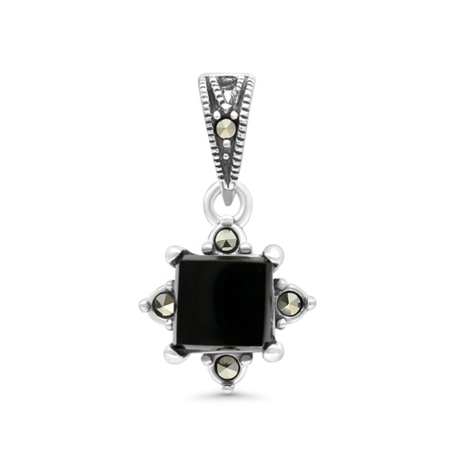 [PND04MAR00ONXA524] Sterling Silver 925 Pendant Embedded With Natural Black Agate And Marcasite Stones