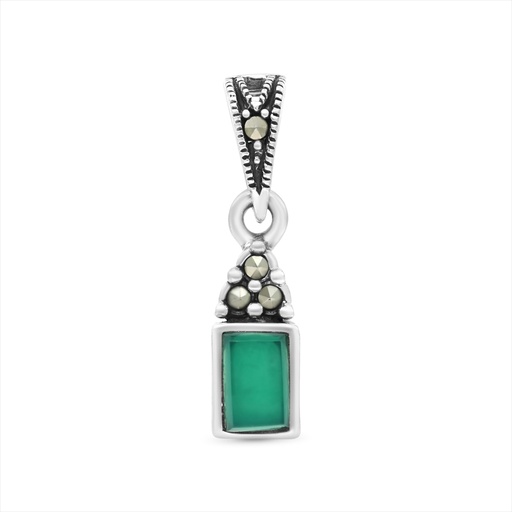 [PND04MAR00GAGA525] Sterling Silver 925 Pendant Embedded With Natural Green Agate And Marcasite Stones
