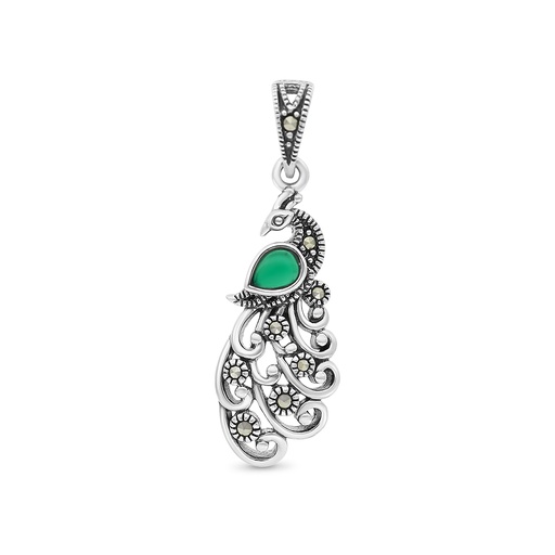 [PND04MAR00GAGA529] Sterling Silver 925 Pendant Embedded With Natural Green Agate And Marcasite Stones