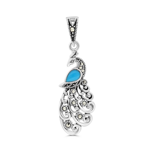 [PND04MAR00TRQA529] Sterling Silver 925 Pendant Embedded With Natural Processed Turquoise And Marcasite Stones