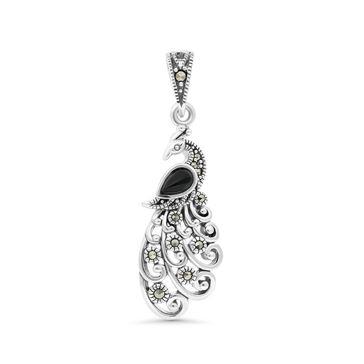 [PND04MAR00ONXA529] Sterling Silver 925 Pendant Embedded With Natural Black Agate And Marcasite Stones